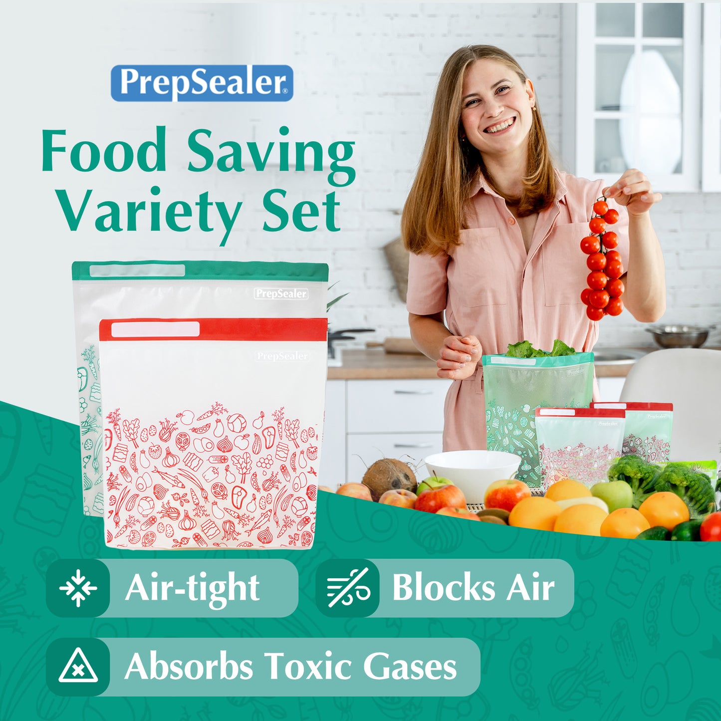 PrepSealer Food Saving Reusable Bag - Variety 10pc (5 Medium, 5 Large )