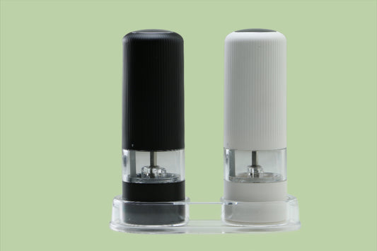 Electric Pepper and Salt Grinder Gift Box Battery Operated Pepper Mills 2 Pcs, LED Light and Adjustable Coarseness (Color: Black, White, Base, Brush)