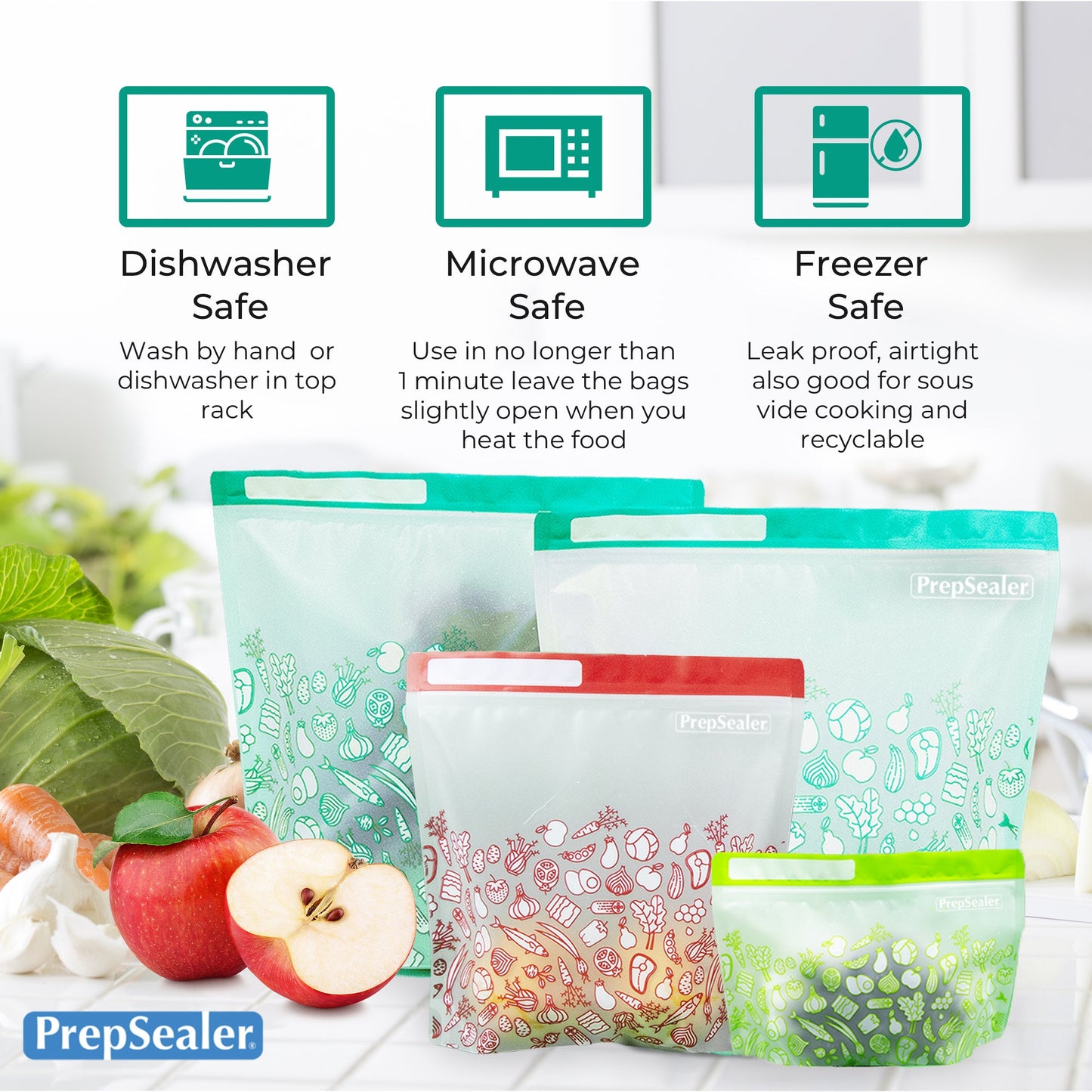 Food Saving Reusable Bag - Blossom 10PC Set with window (3 Small, 3 Medium, 4 Large)