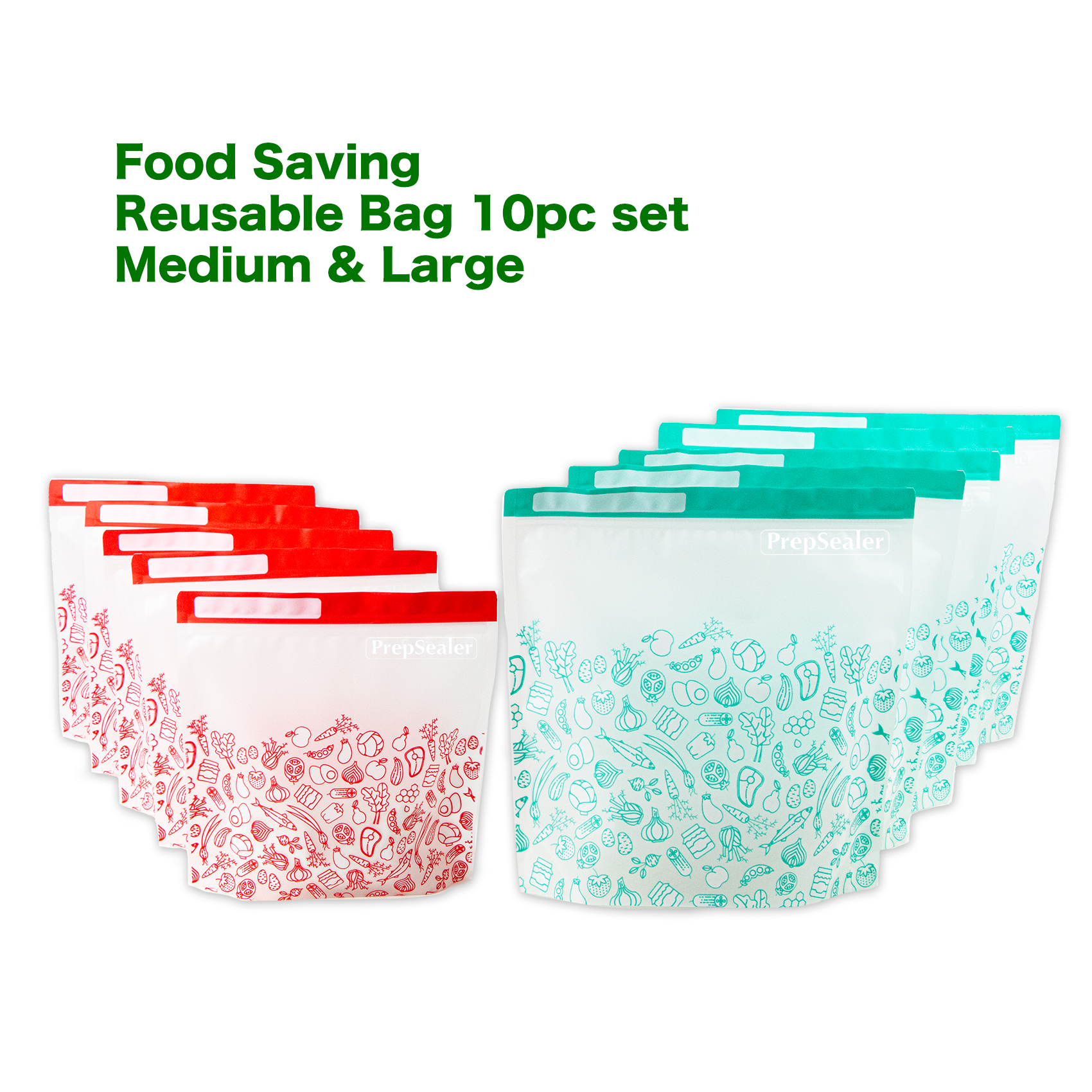 PrepSealer Food Saving Reusable Bag Variety 10pc 5 Medium 5 Large